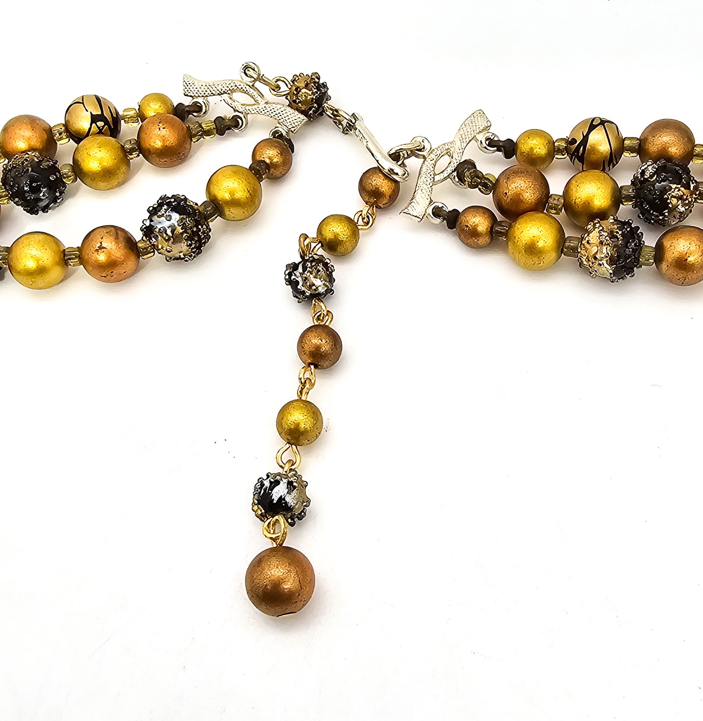 Black and Gold three strand graduated vintage mid century beaded Japan necklace