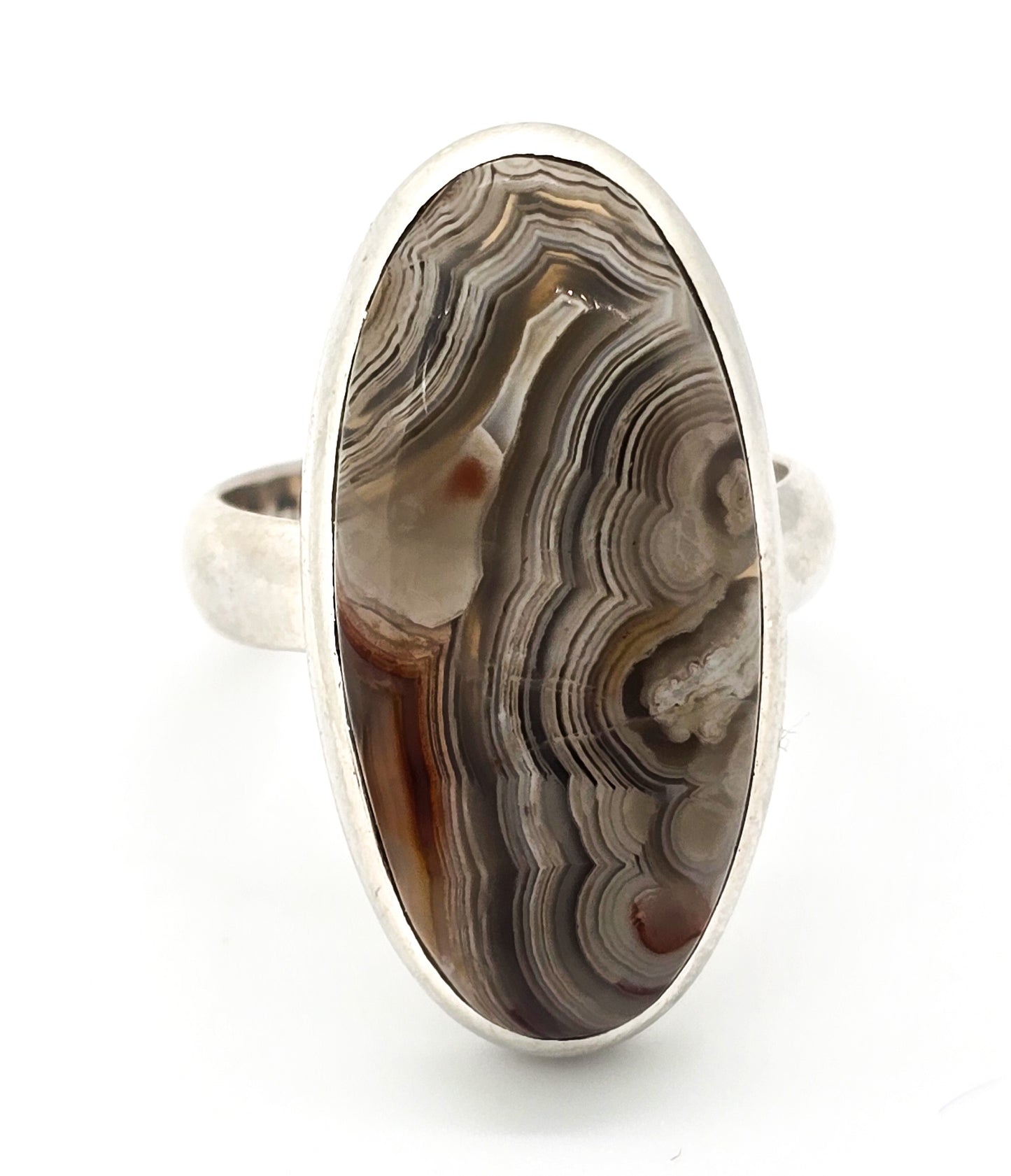 Mexican crazy lace agate large gemstone cab sterling silver ring size 8.5