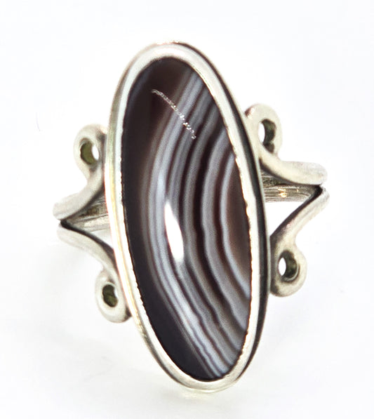 Native American Banded Agate David sterling silver split shank vintage ring size 6