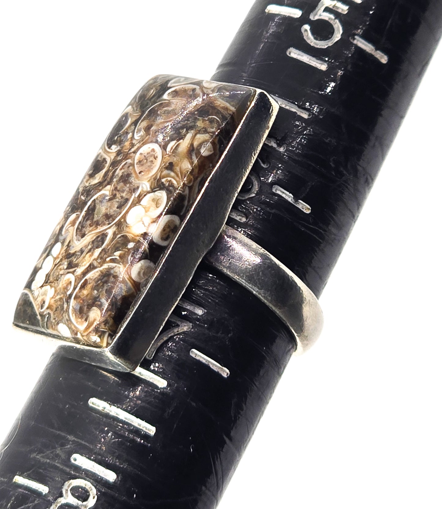 Turritella Agate fossil gemstone sterling silver ring size 6 and 1/2