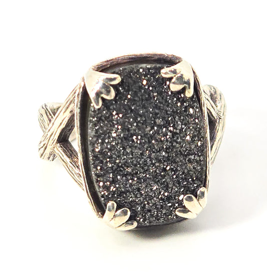 Hillary Joy Black Drusy Quartz Bamboo Textured Sterling Silver Ring Size 8