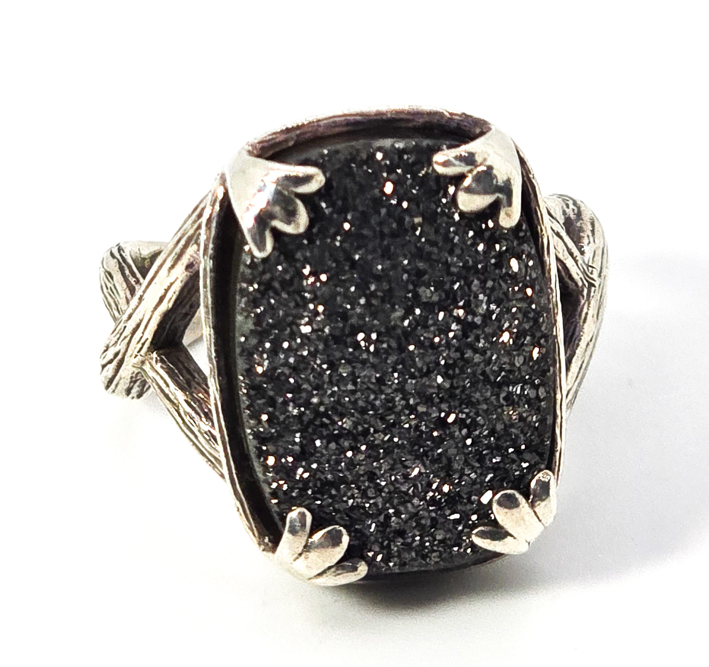 Hillary Joy Black Drusy Quartz Bamboo Textured Sterling Silver Ring Size 8