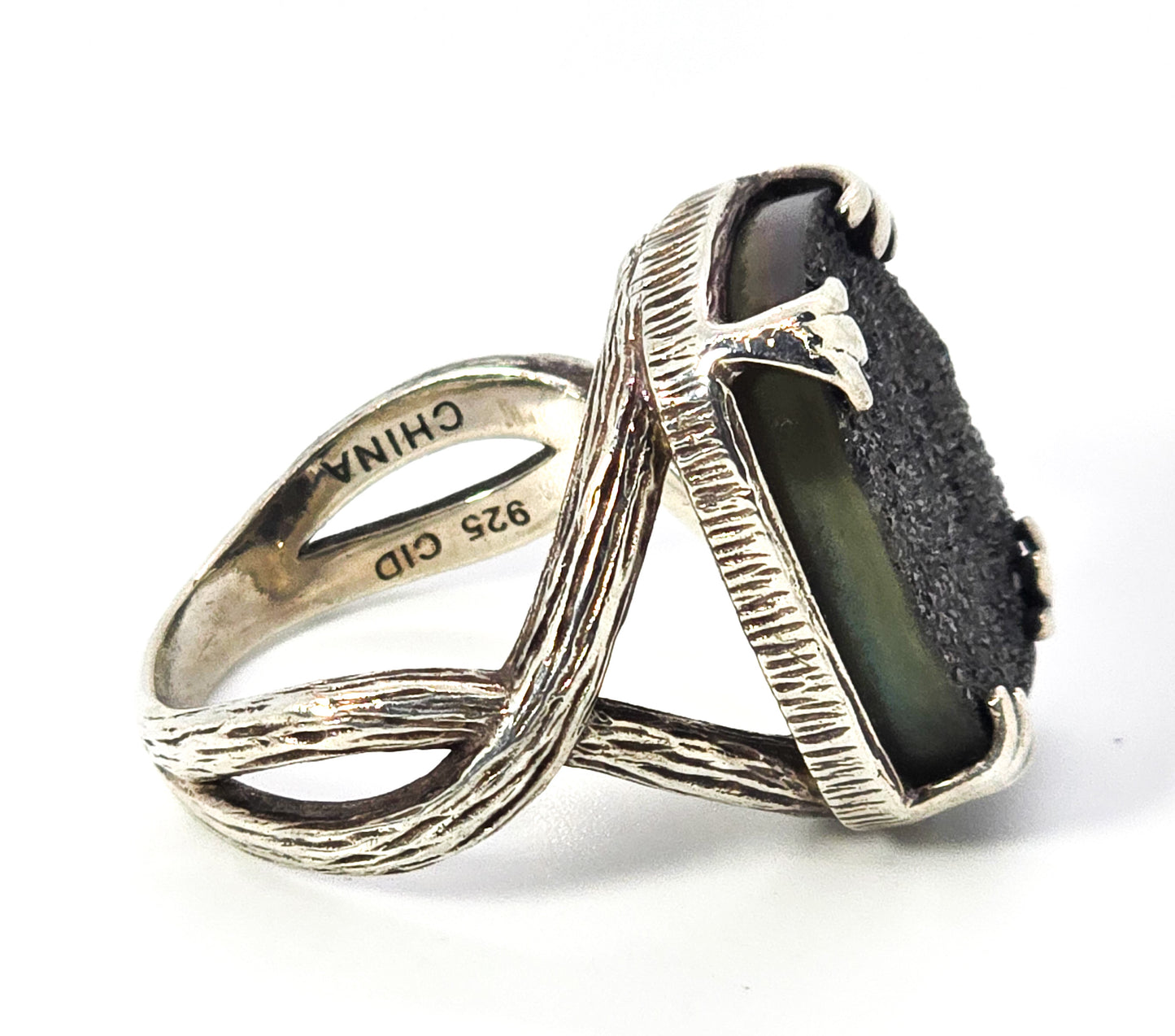 Hillary Joy Black Drusy Quartz Bamboo Textured Sterling Silver Ring Size 8