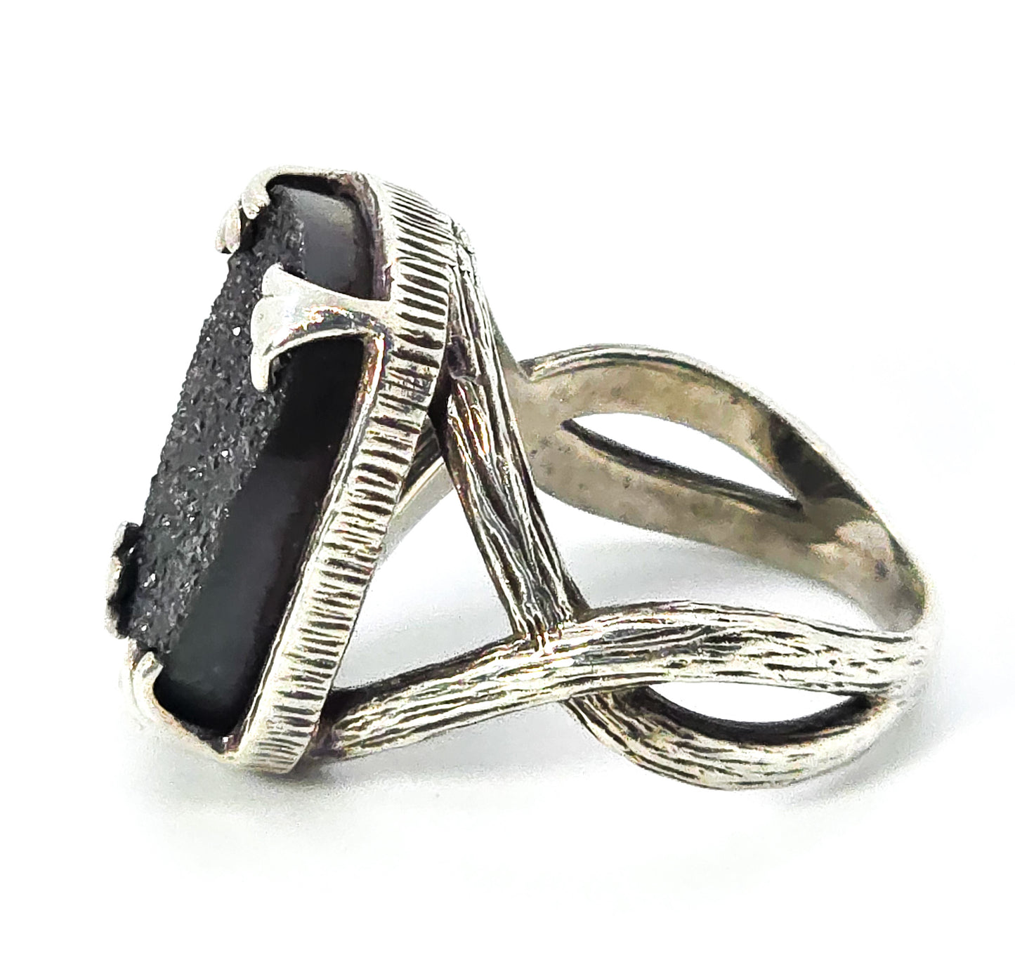 Hillary Joy Black Drusy Quartz Bamboo Textured Sterling Silver Ring Size 8