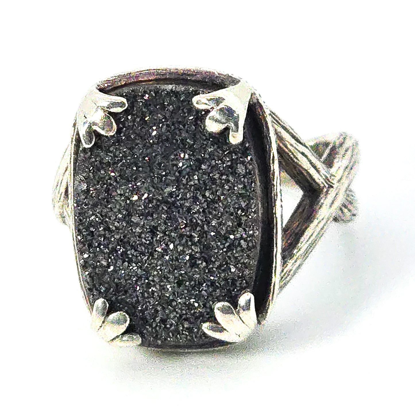 Hillary Joy Black Drusy Quartz Bamboo Textured Sterling Silver Ring Size 8