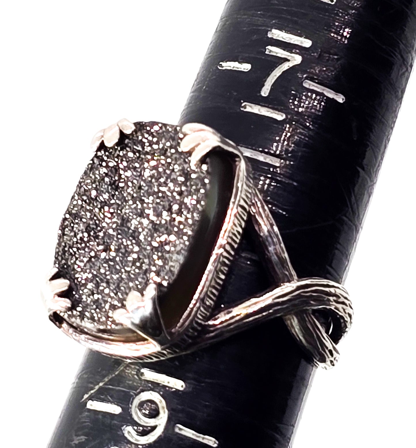 Hillary Joy Black Drusy Quartz Bamboo Textured Sterling Silver Ring Size 8