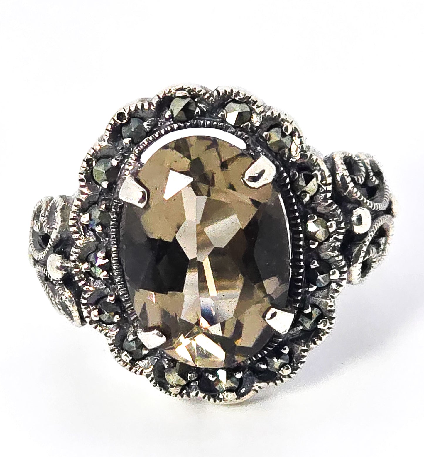 Smokey Quartz 5.9ct CNA gemstone marcasite large sterling silver ring size 8