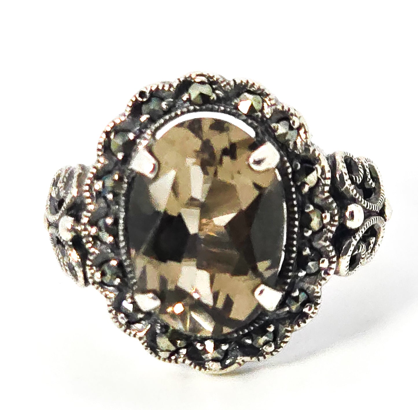 Smokey Quartz 5.9ct CNA gemstone marcasite large sterling silver ring size 8