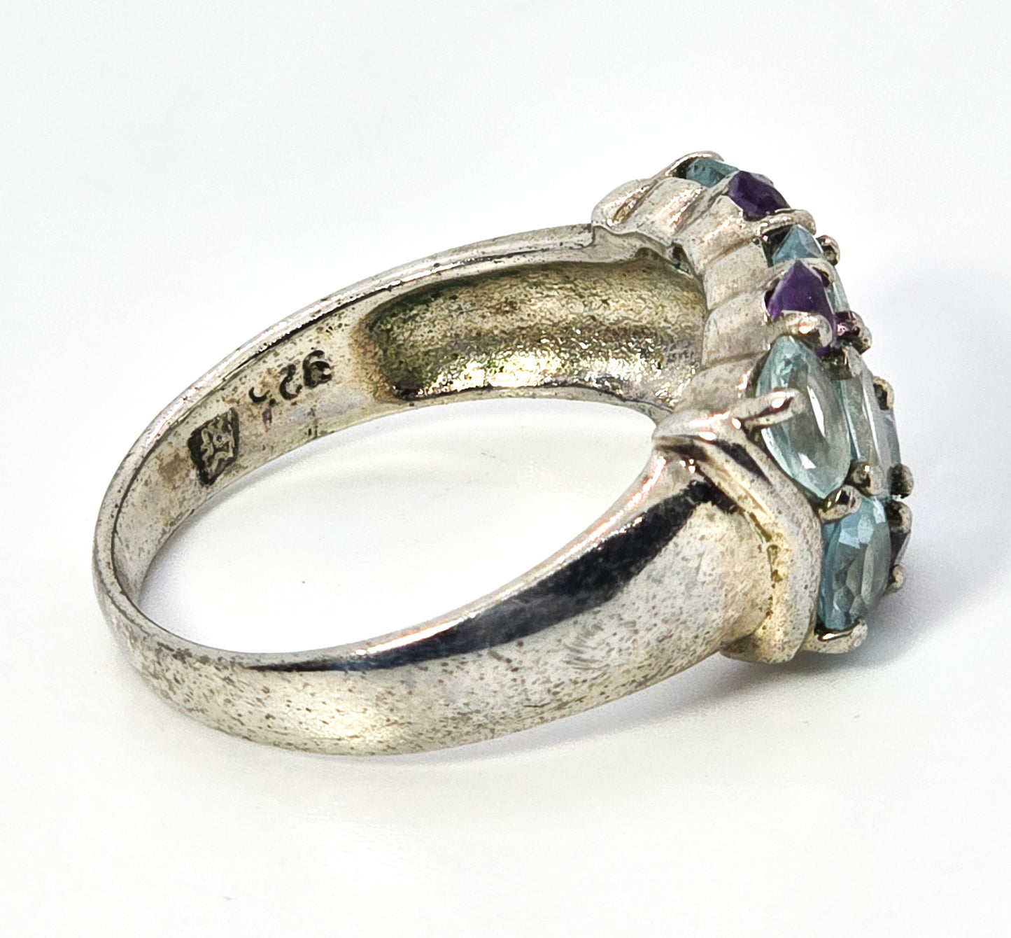 Blue topaz and amethyst open work sterling silver statement ring size 10.5