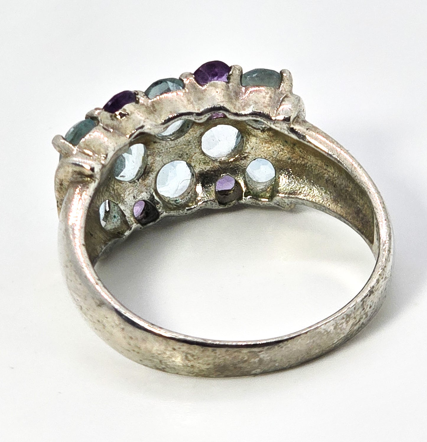 Blue topaz and amethyst open work sterling silver statement ring size 10.5