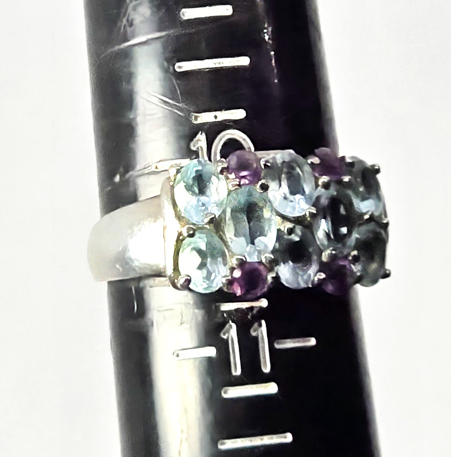 Blue topaz and amethyst open work sterling silver statement ring size 10.5