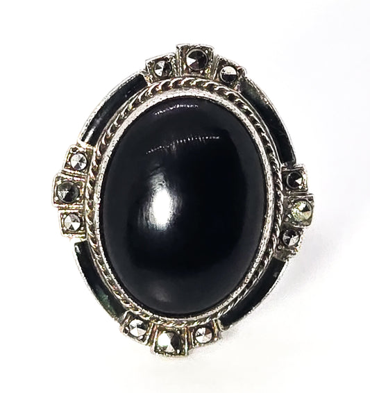 Art Deco Black onyx and marcasite vintage sterling silver ring size 5