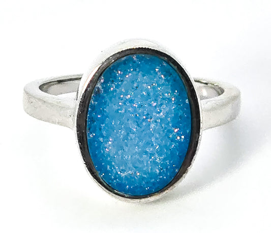 Aqua blue Chalcedony druzy gemstone sterling silver ring size 9