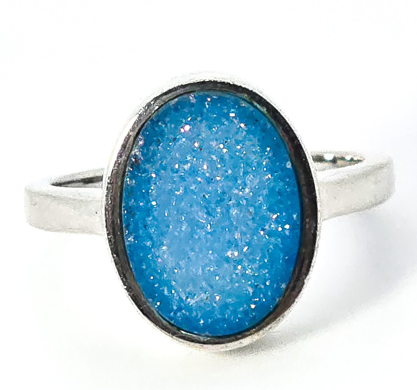 Aqua blue Chalcedony druzy gemstone sterling silver ring size 9