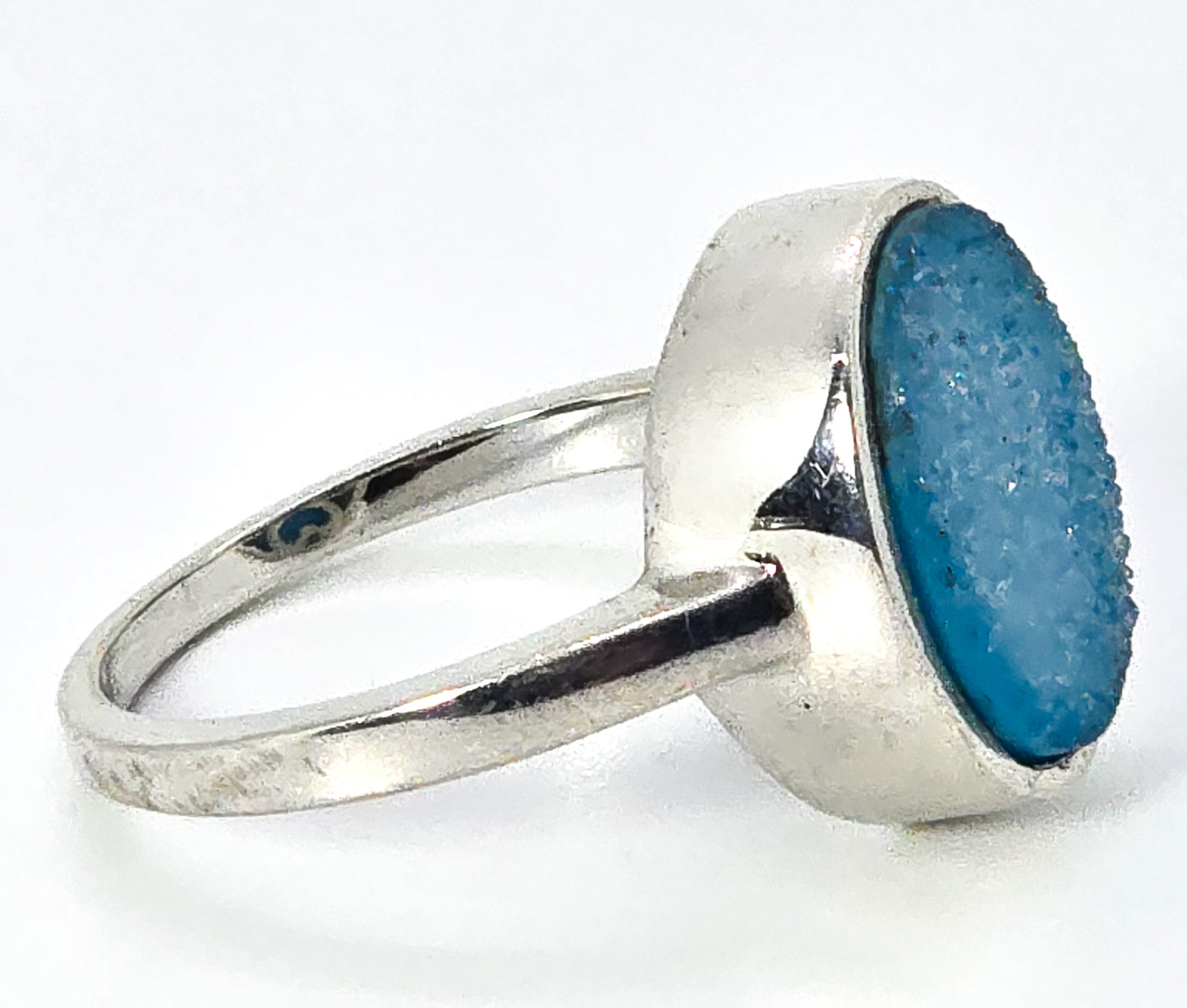 Aqua blue Chalcedony druzy gemstone sterling silver ring size 9