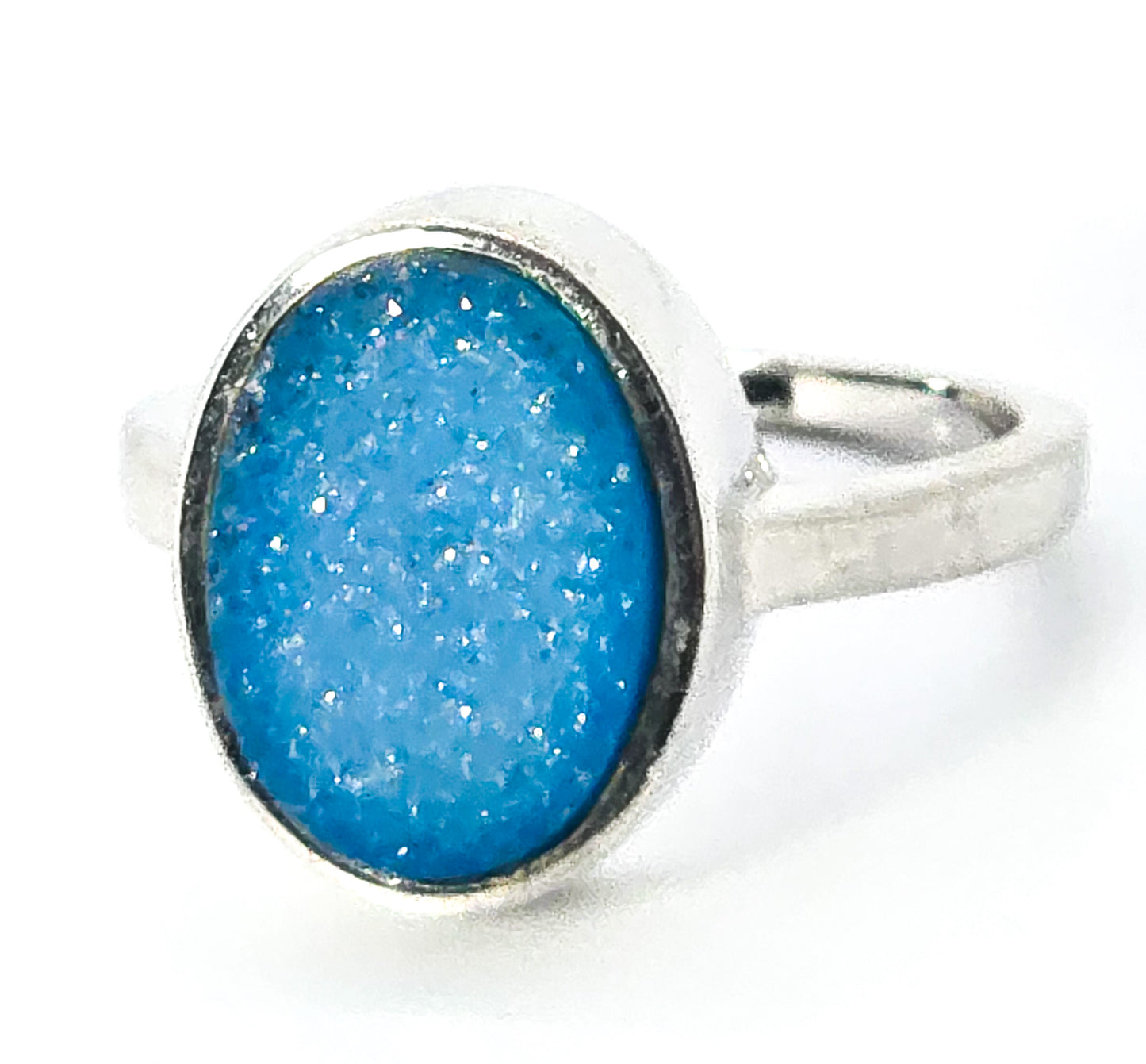 Aqua blue Chalcedony druzy gemstone sterling silver ring size 9