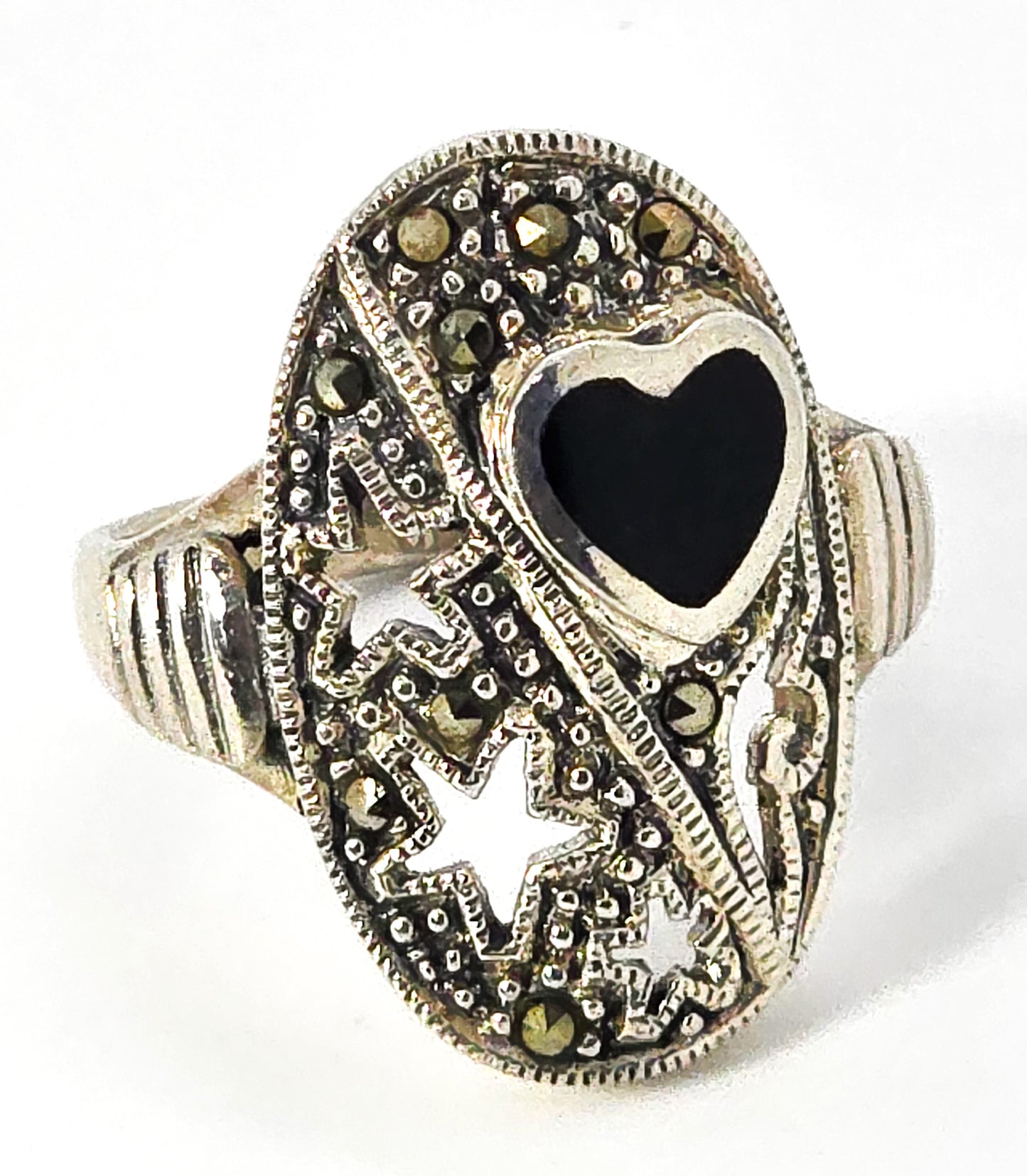 Celestial Stars and black onyx heart marcasite sterling silver pierced ring size 9