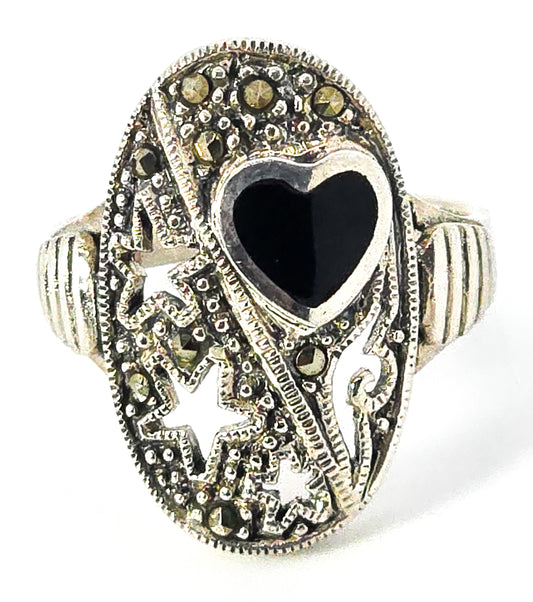 Celestial Stars and black onyx heart marcasite sterling silver pierced ring size 9