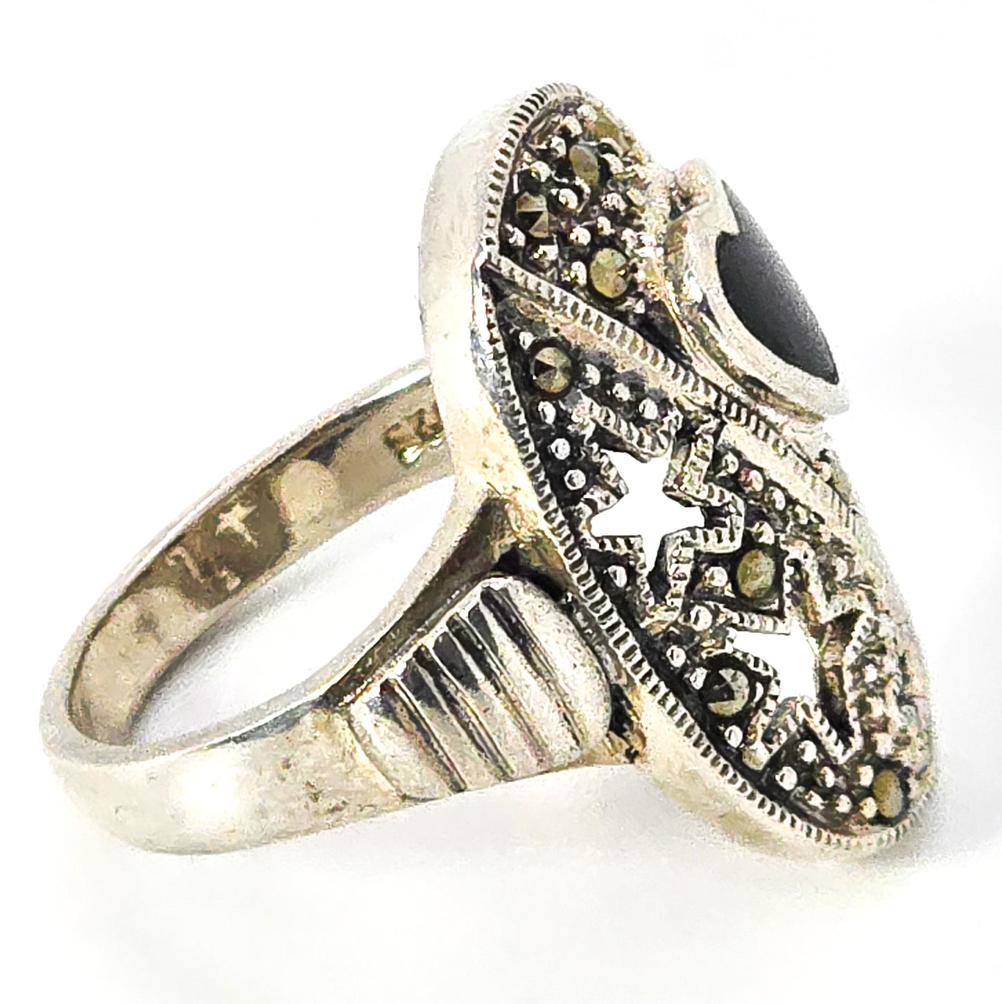 Celestial Stars and black onyx heart marcasite sterling silver pierced ring size 9