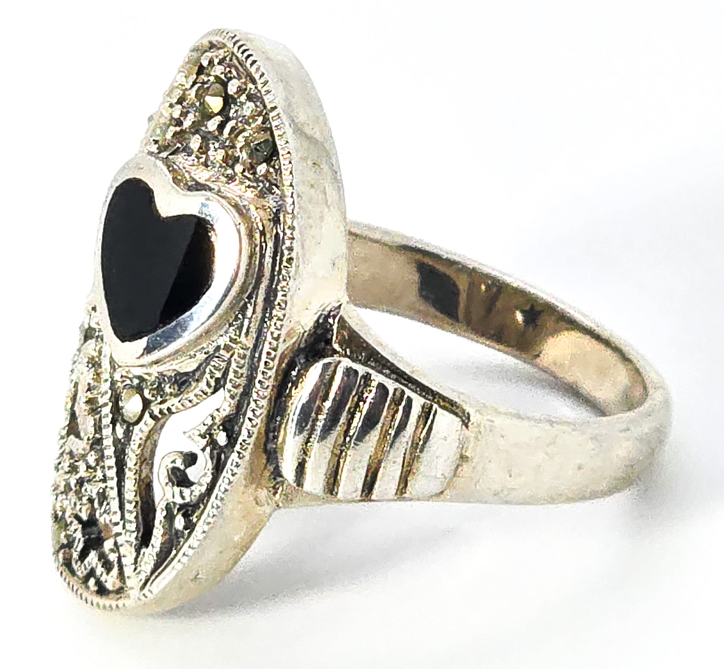 Celestial Stars and black onyx heart marcasite sterling silver pierced ring size 9