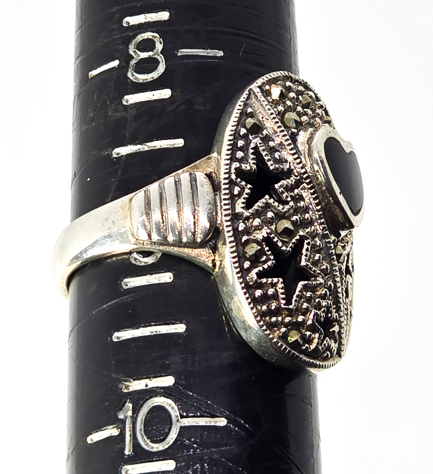 Celestial Stars and black onyx heart marcasite sterling silver pierced ring size 9