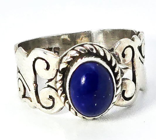 Lapis Lazuli open work scroll vintage sterling silver tribal bali ring size 7