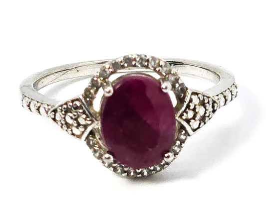 DK Red ruby 2.8ct with quartz halo rhodium over sterling silver JTV ring size 8