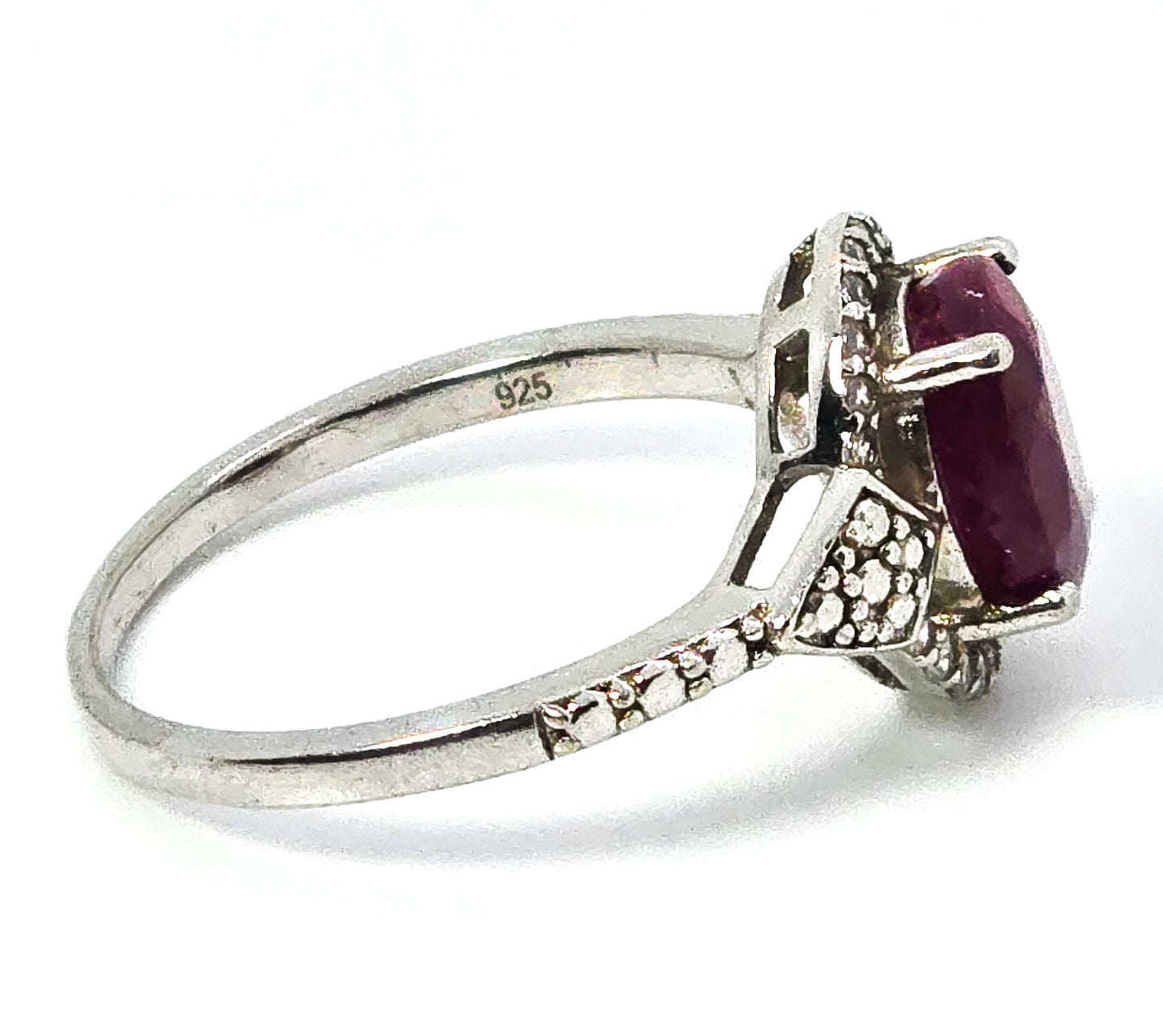 DK Red ruby 2.8ct with quartz halo rhodium over sterling silver JTV ring size 8