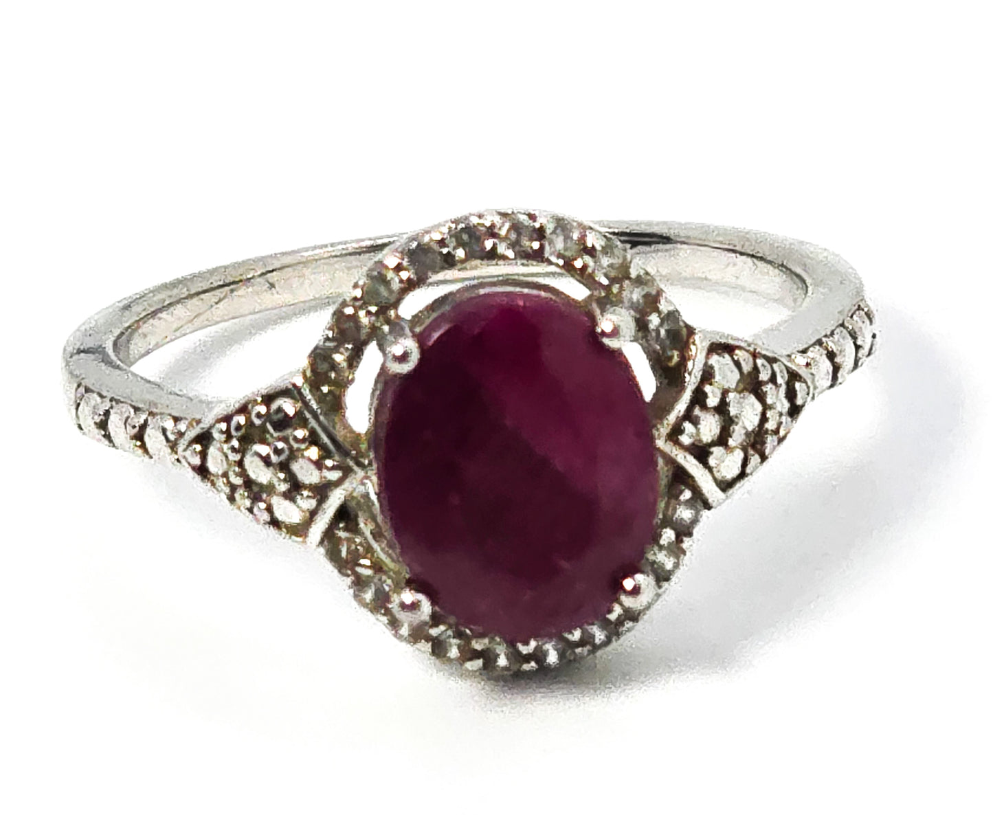 DK Red ruby 2.8ct with quartz halo rhodium over sterling silver JTV ring size 8