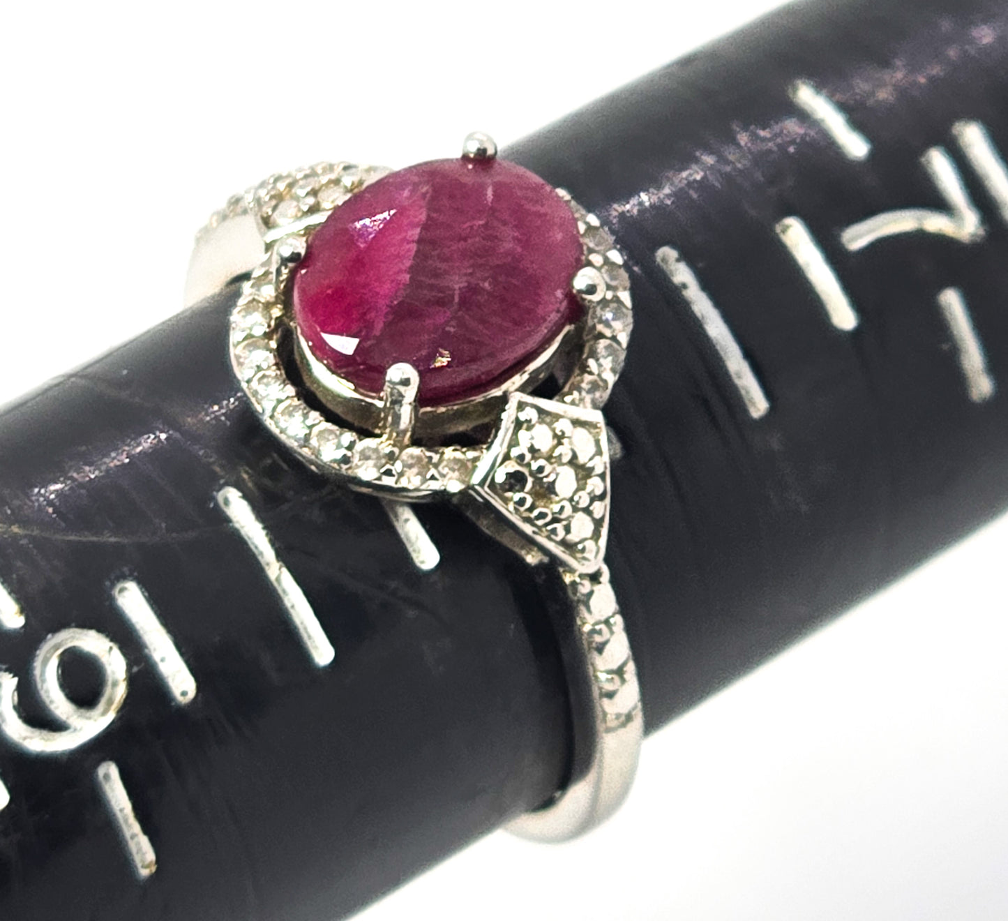 DK Red ruby 2.8ct with quartz halo rhodium over sterling silver JTV ring size 8