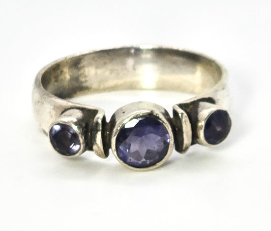 Tanzanite three stone thick solid sterling silver boho gemstone ring band size 9