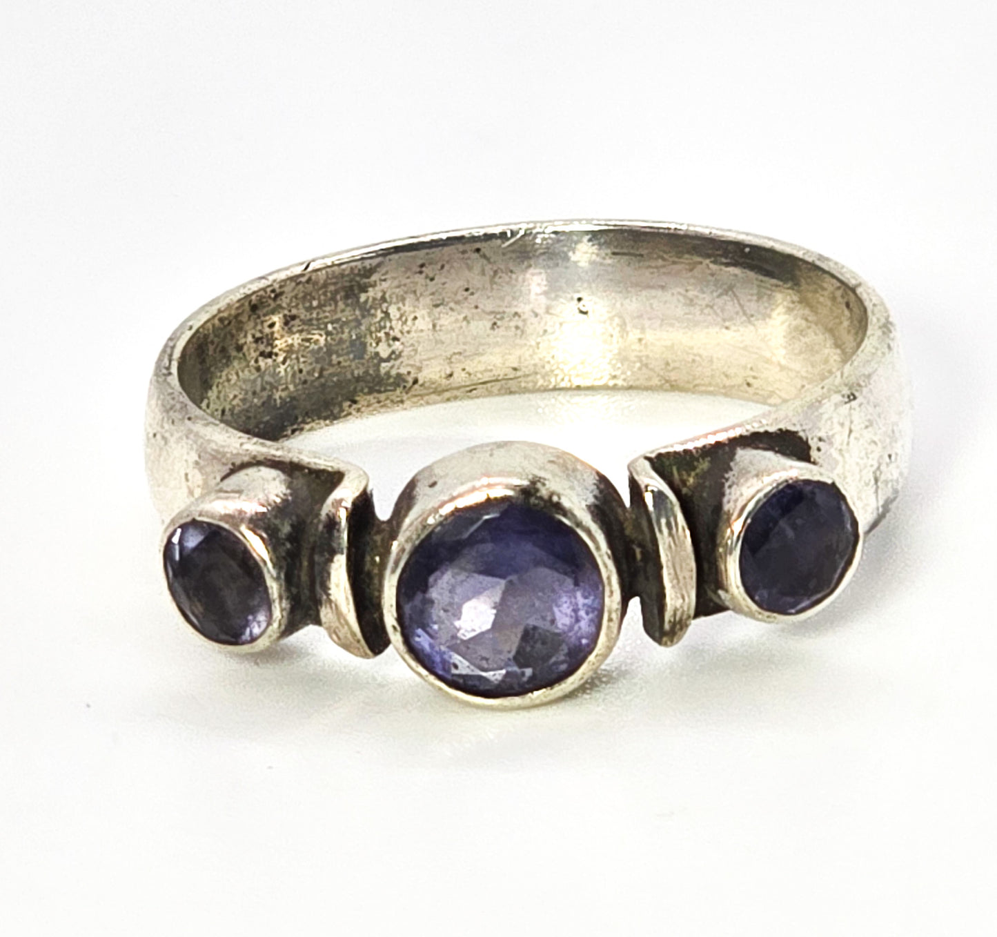 Tanzanite three stone thick solid sterling silver boho gemstone ring band size 9