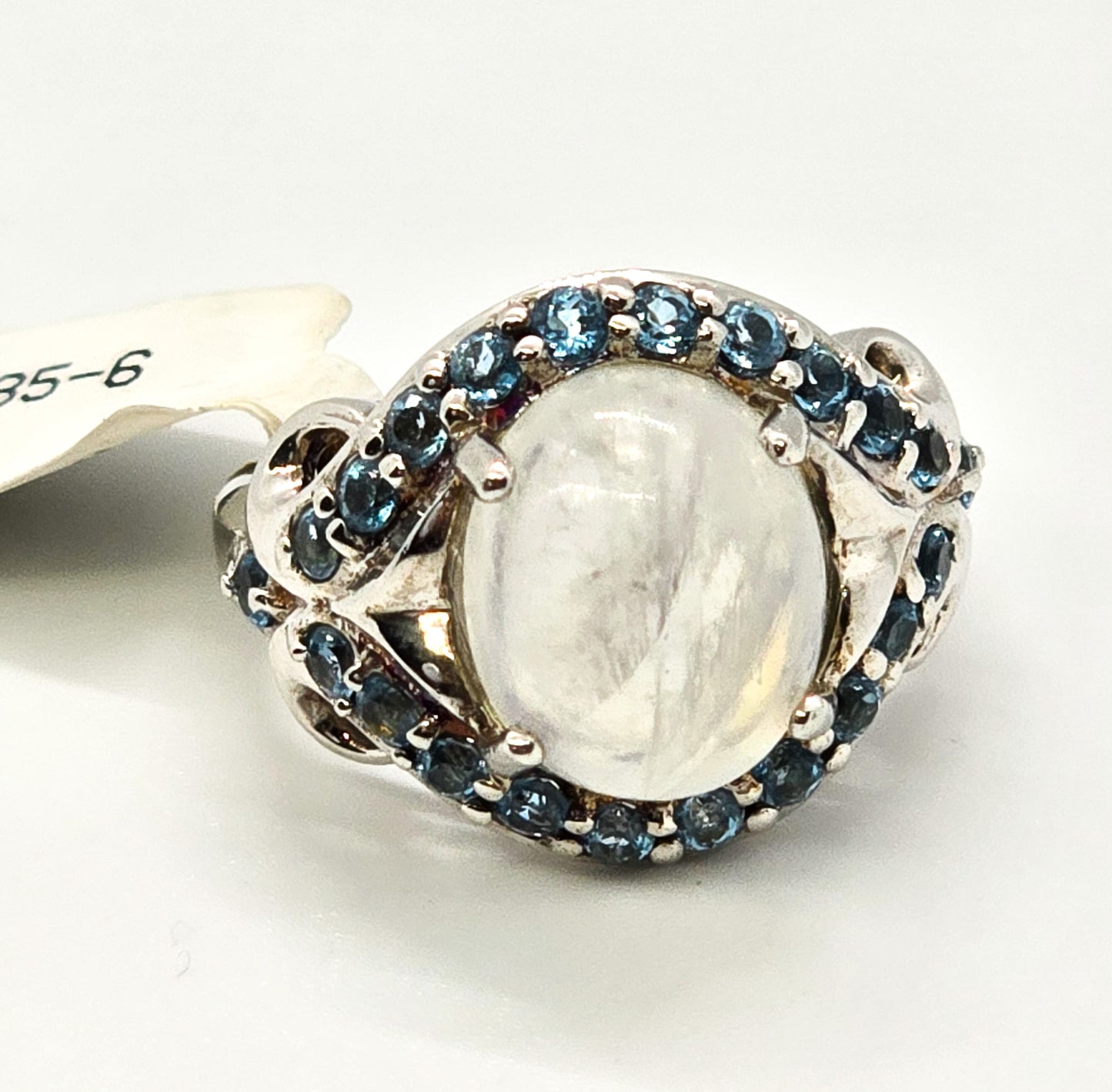 Blue moonstone large statement ring with blue topaz halo sterling silver ring size 8 CH