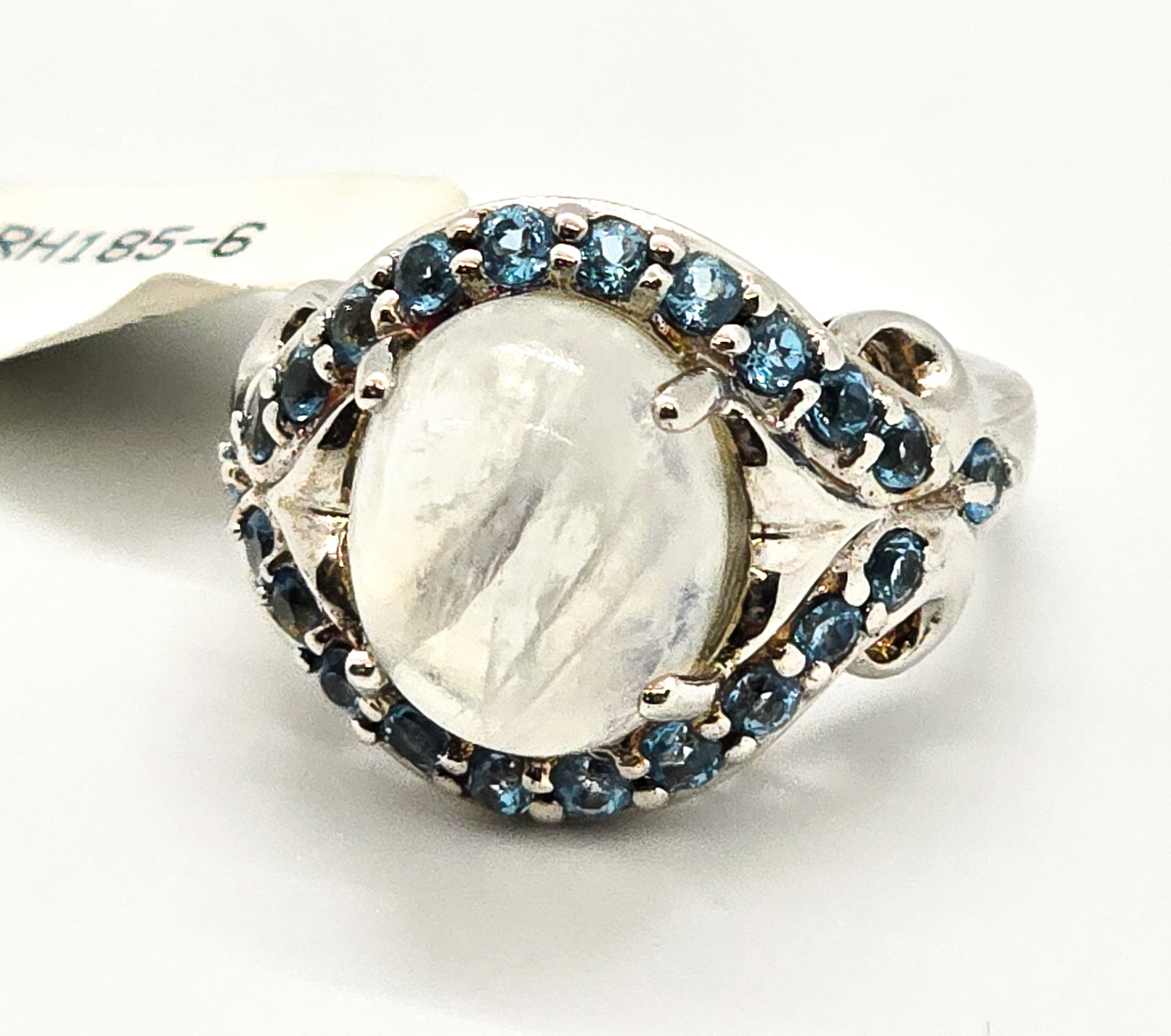 Blue moonstone large statement ring with blue topaz halo sterling silver ring size 8 CH