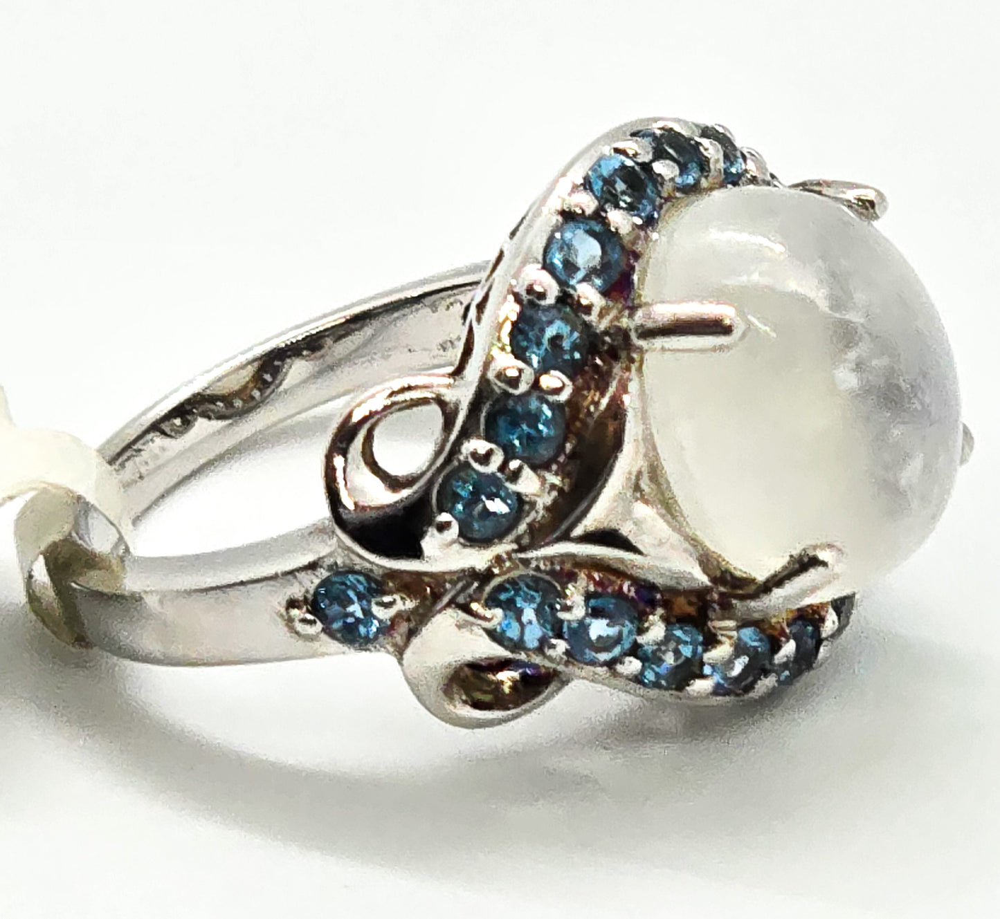 Blue moonstone large statement ring with blue topaz halo sterling silver ring size 8 CH