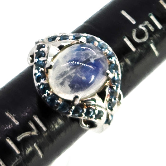 Blue moonstone large statement ring with blue topaz halo sterling silver ring size 8 CH