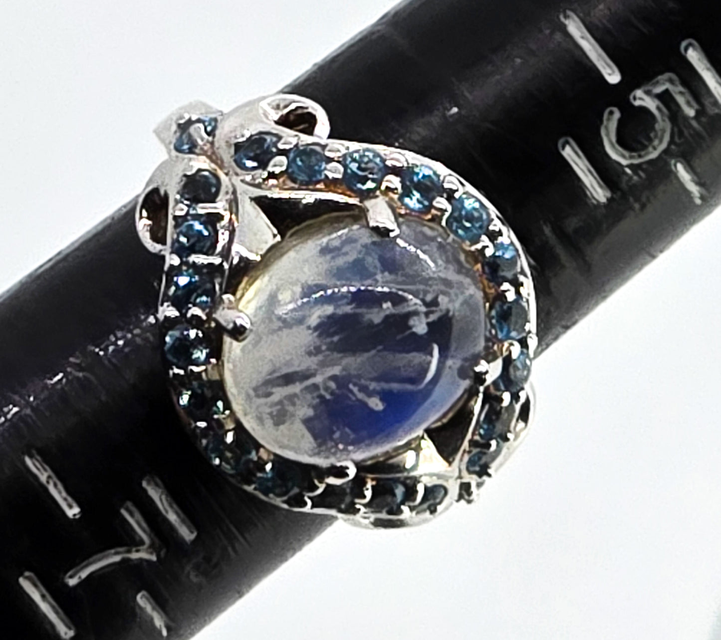 Blue moonstone large statement ring with blue topaz halo sterling silver ring size 8 CH