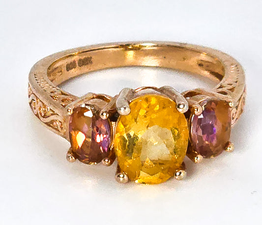 Citrine Mystic Topaz three stone 18k rose gold Gem Stone King GSK sterling silver ring size 7