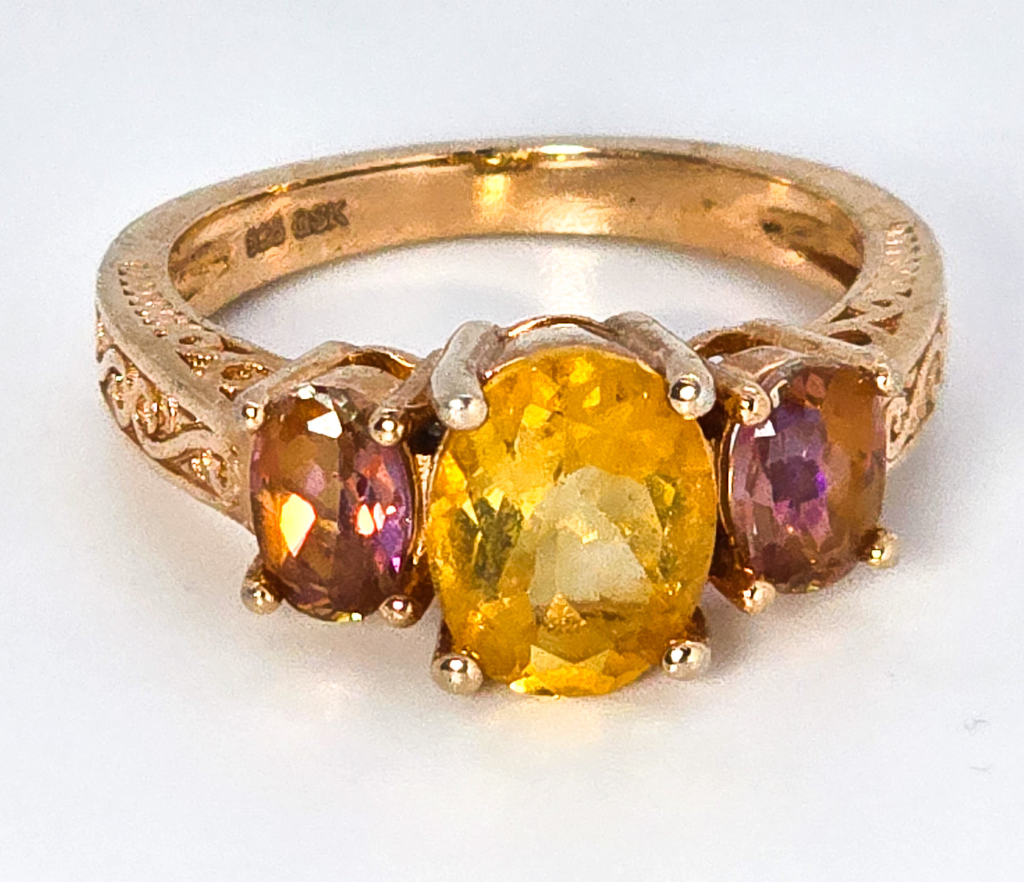 Citrine Mystic Topaz three stone 18k rose gold Gem Stone King GSK sterling silver ring size 7