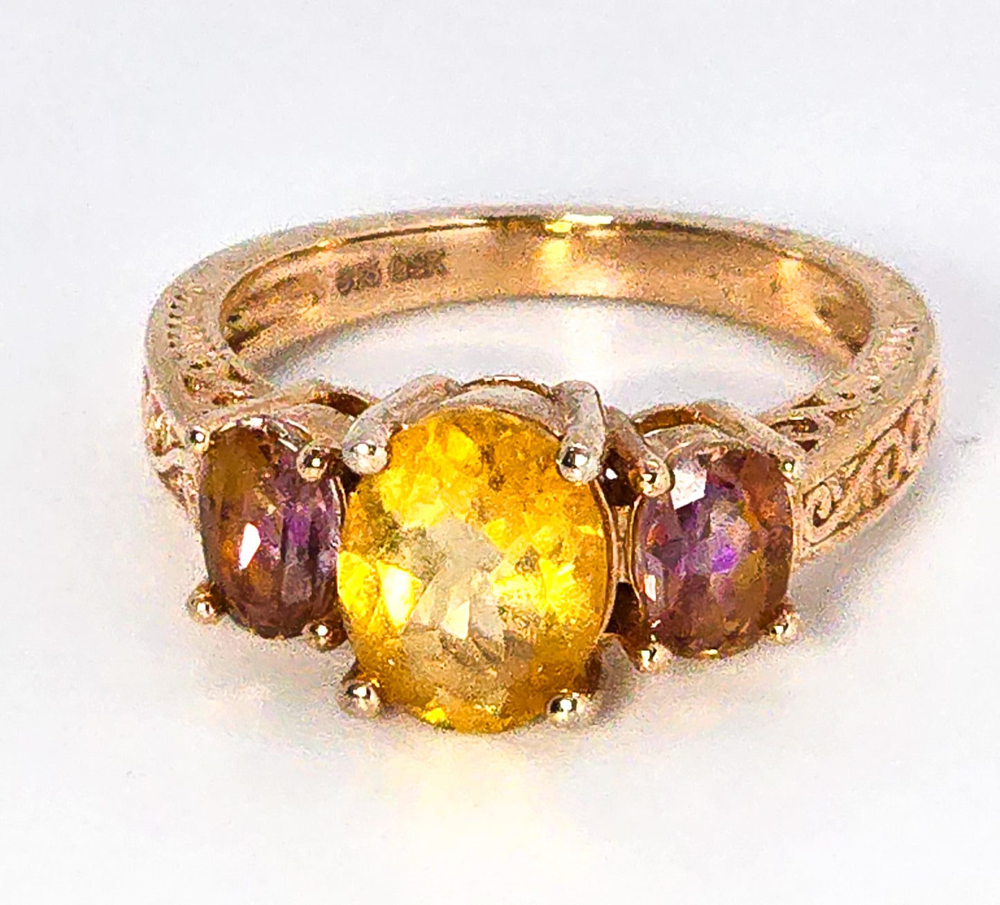 Citrine Mystic Topaz three stone 18k rose gold Gem Stone King GSK sterling silver ring size 7