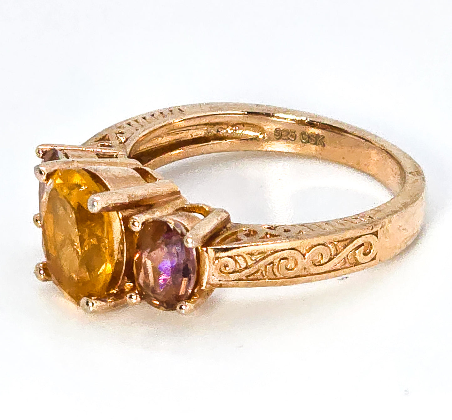 Citrine Mystic Topaz three stone 18k rose gold Gem Stone King GSK sterling silver ring size 7