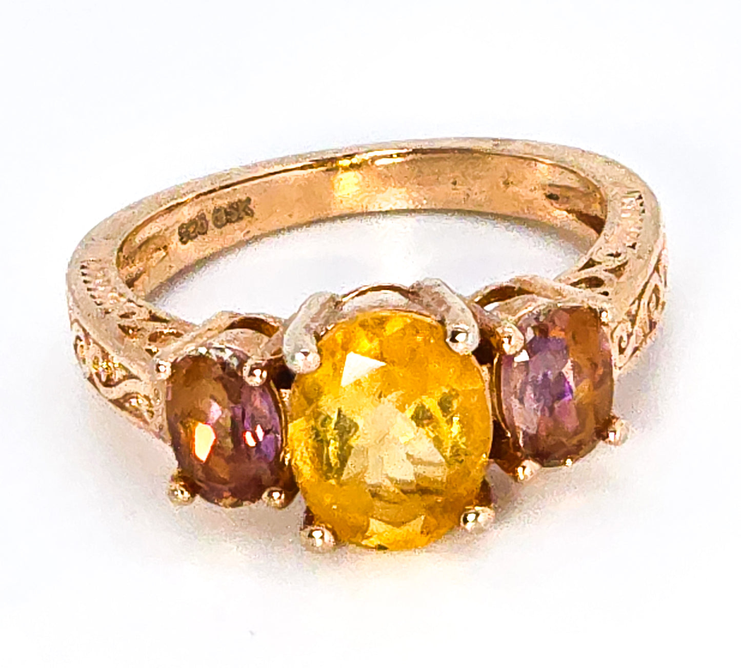 Citrine Mystic Topaz three stone 18k rose gold Gem Stone King GSK sterling silver ring size 7