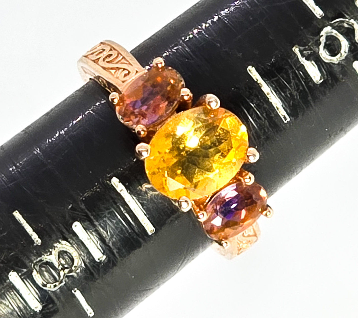 Citrine Mystic Topaz three stone 18k rose gold Gem Stone King GSK sterling silver ring size 7