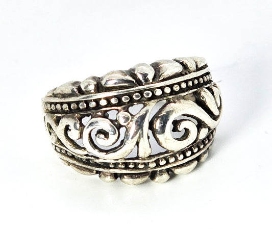 Scroll open work thick domed sterling silver ring band size 7