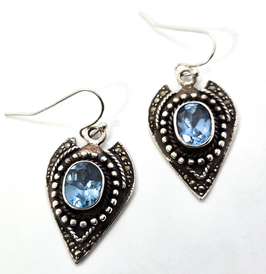 Blue Topaz tribal Bali Balinese sterling silver drop large shield earrings