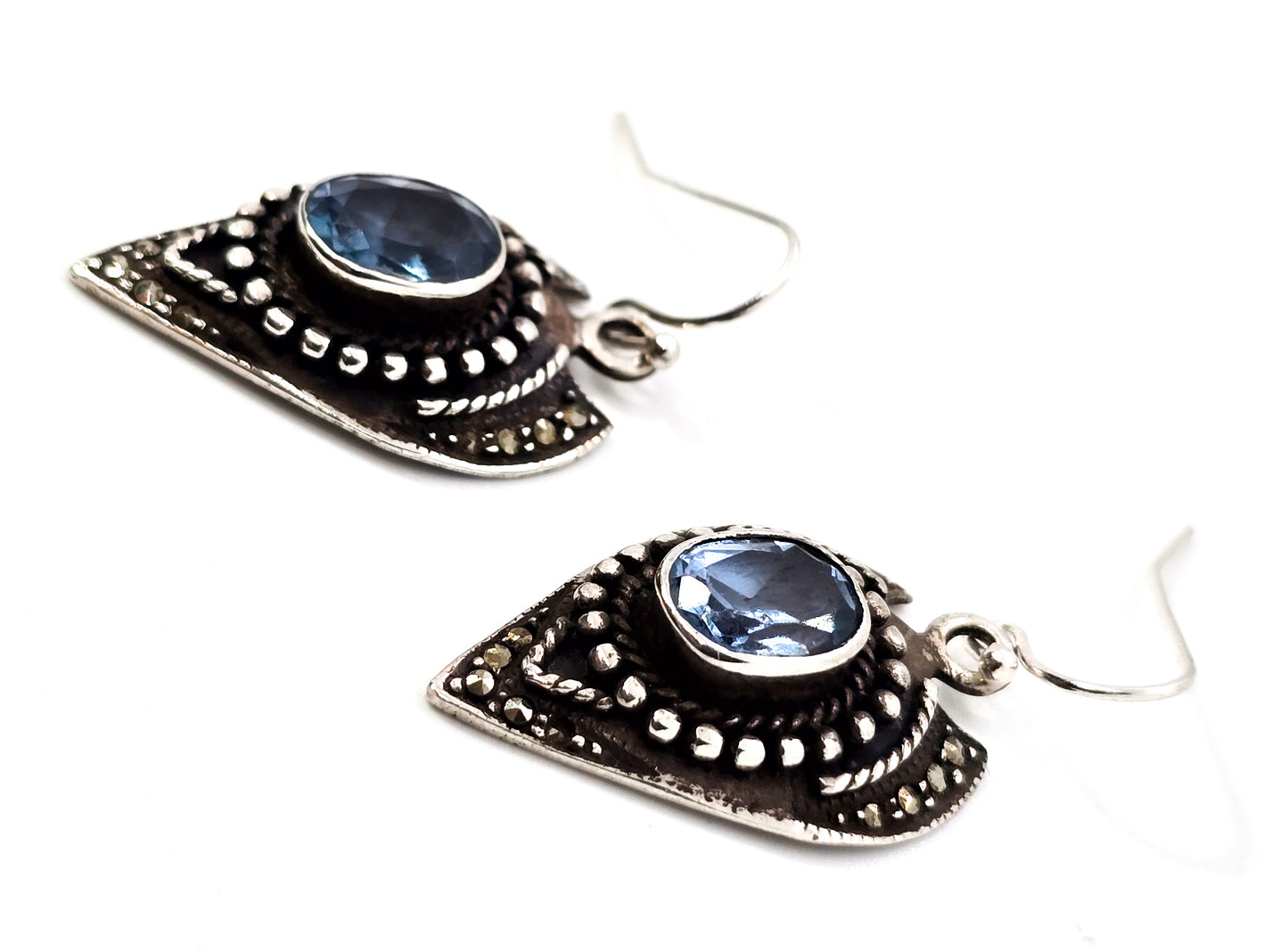 Blue Topaz tribal Bali Balinese sterling silver drop large shield earrings