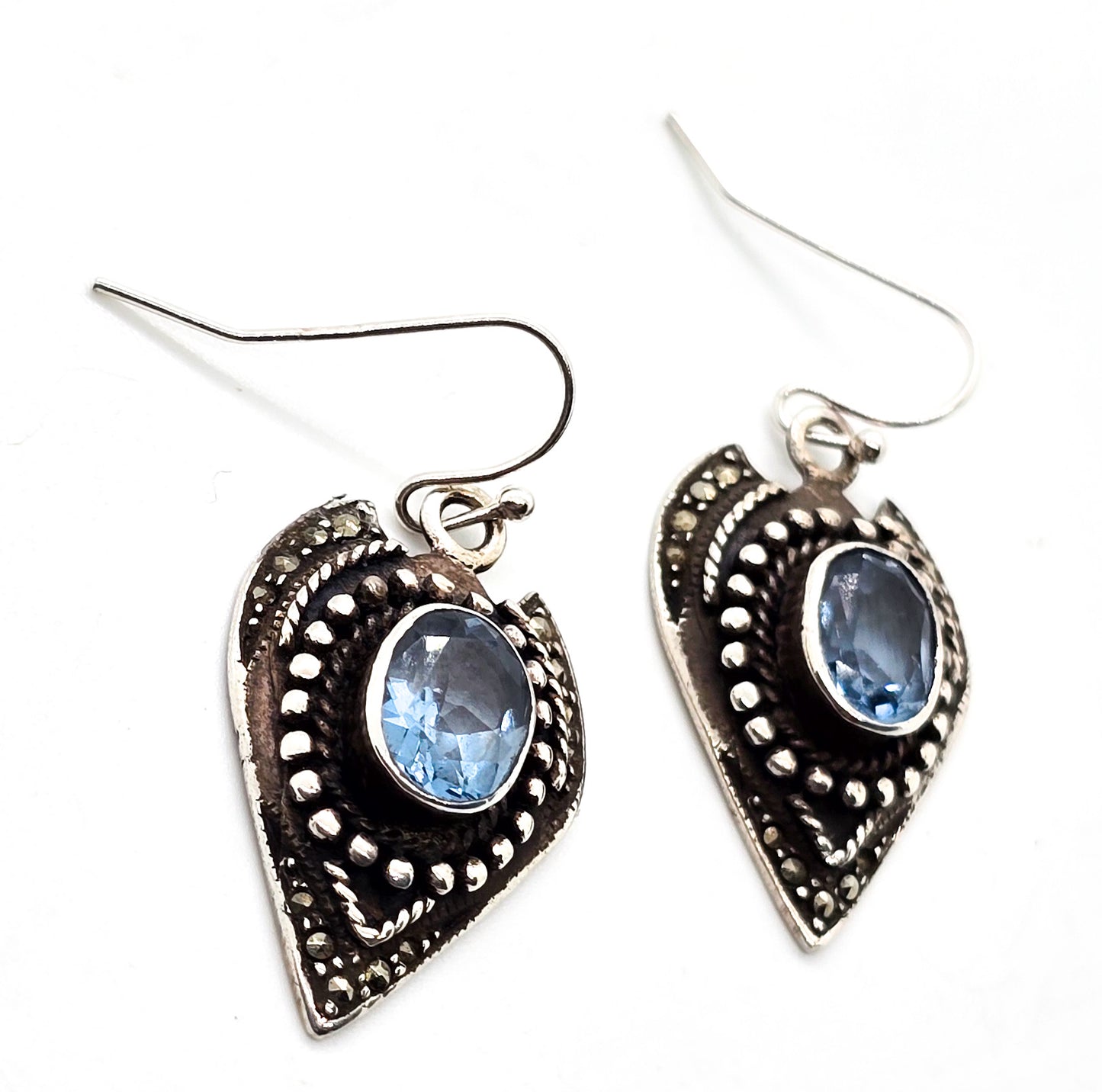 Blue Topaz tribal Bali Balinese sterling silver drop large shield earrings