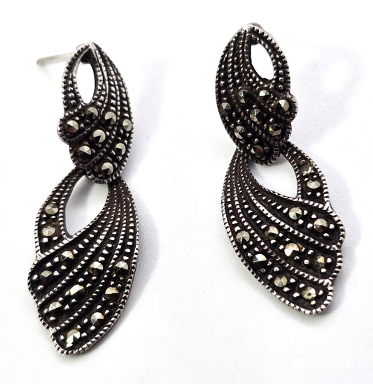 Art Deco geometric marcasite and sterling silver drop post vintage earrings