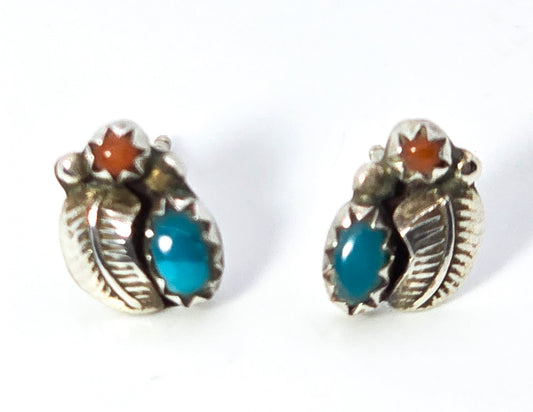 Navajo turquoise red coral vintage sterling silver Native American feather stud earrings