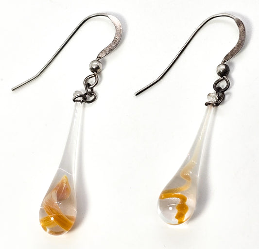Blown artisan glass orange spiral drop vintage sterling silver earrings